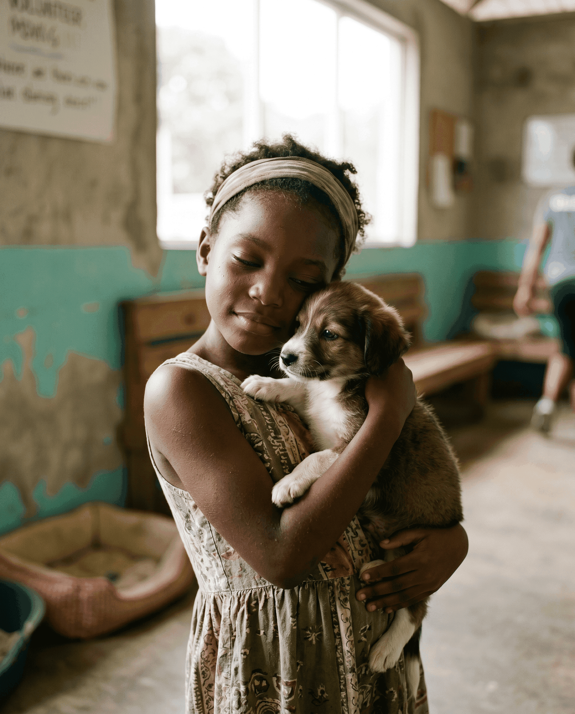 A child meeting a puppy at the shelter