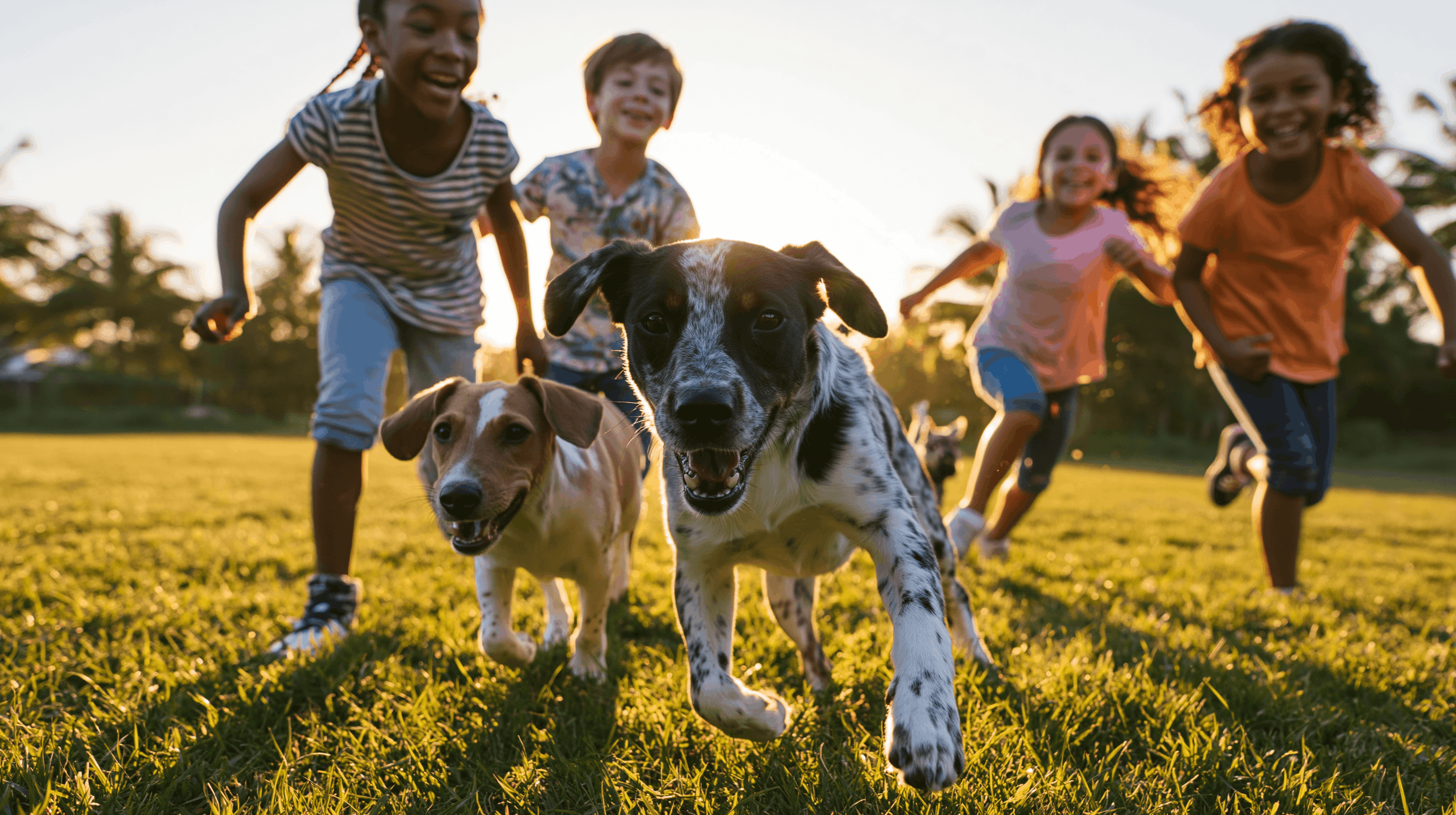 Kids running with happy shelter dogs